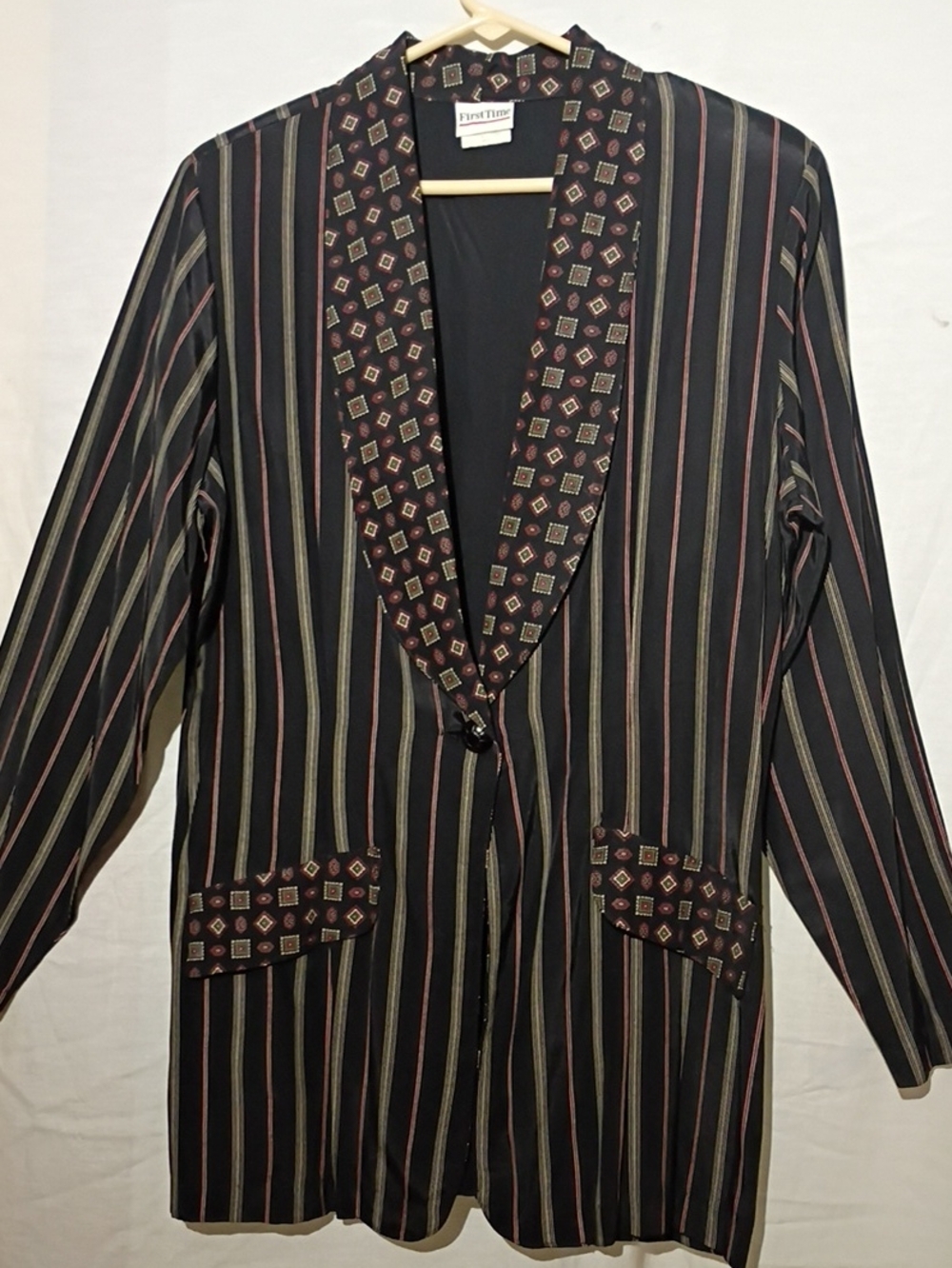 Women's Black Striped Blazer with Patterned Trim